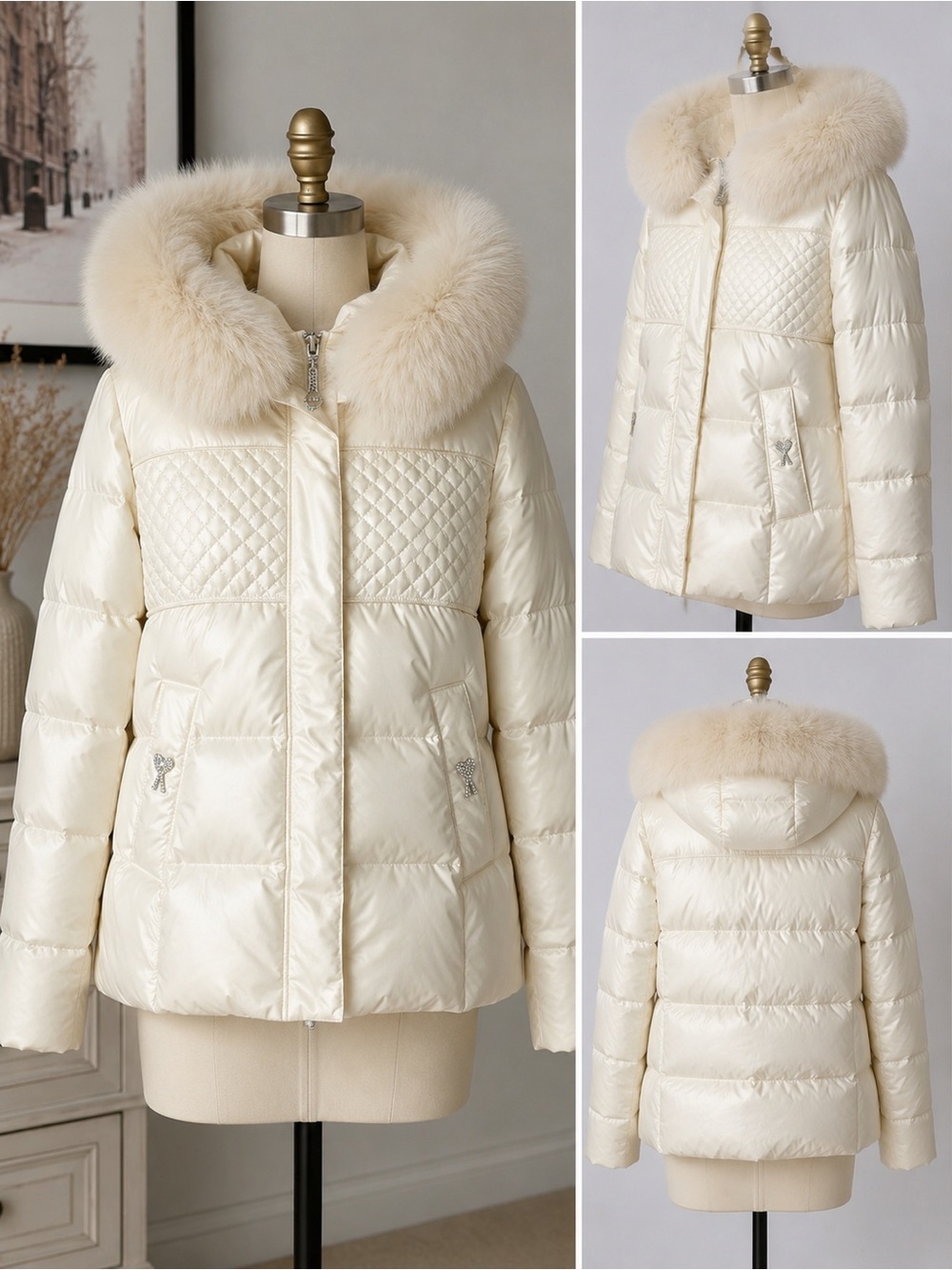 Women’s Cream Puffer Jacket with Genuine Fox Fur Trim – Size XL